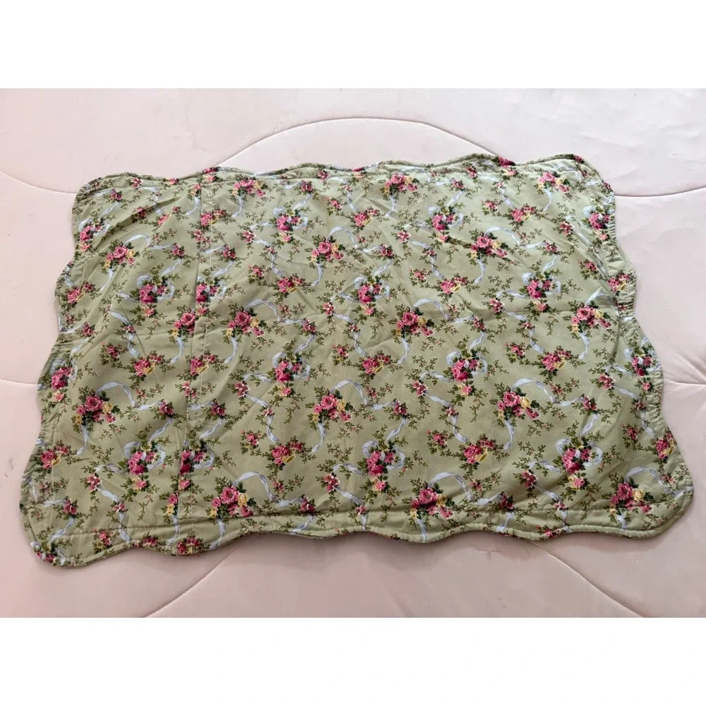 Vintage Patchwork Quilted Pillow Sham Sage Green Floral Gingham Scalloped Edge
